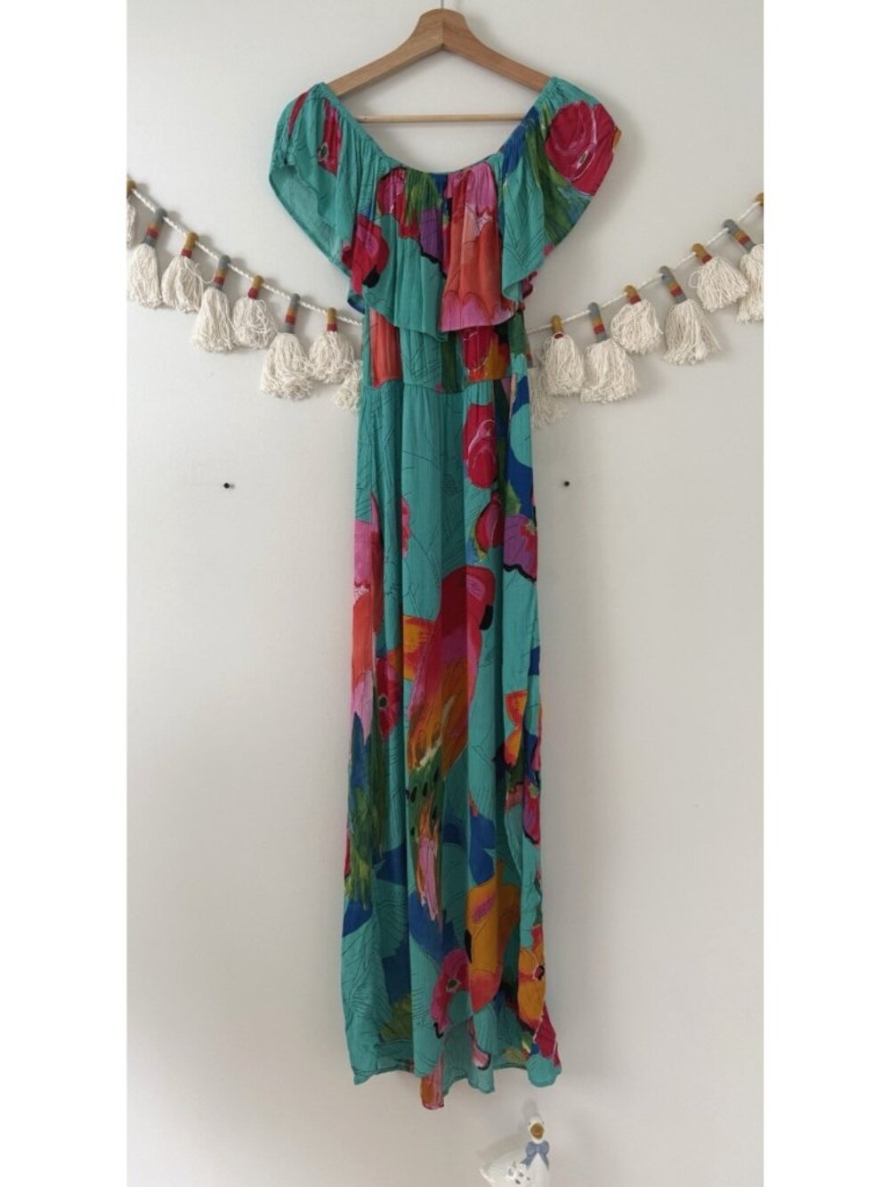 Desigual Pahoa Off Shoulder Tropical Parrot Bird Maxi Dress Botanical Beach M